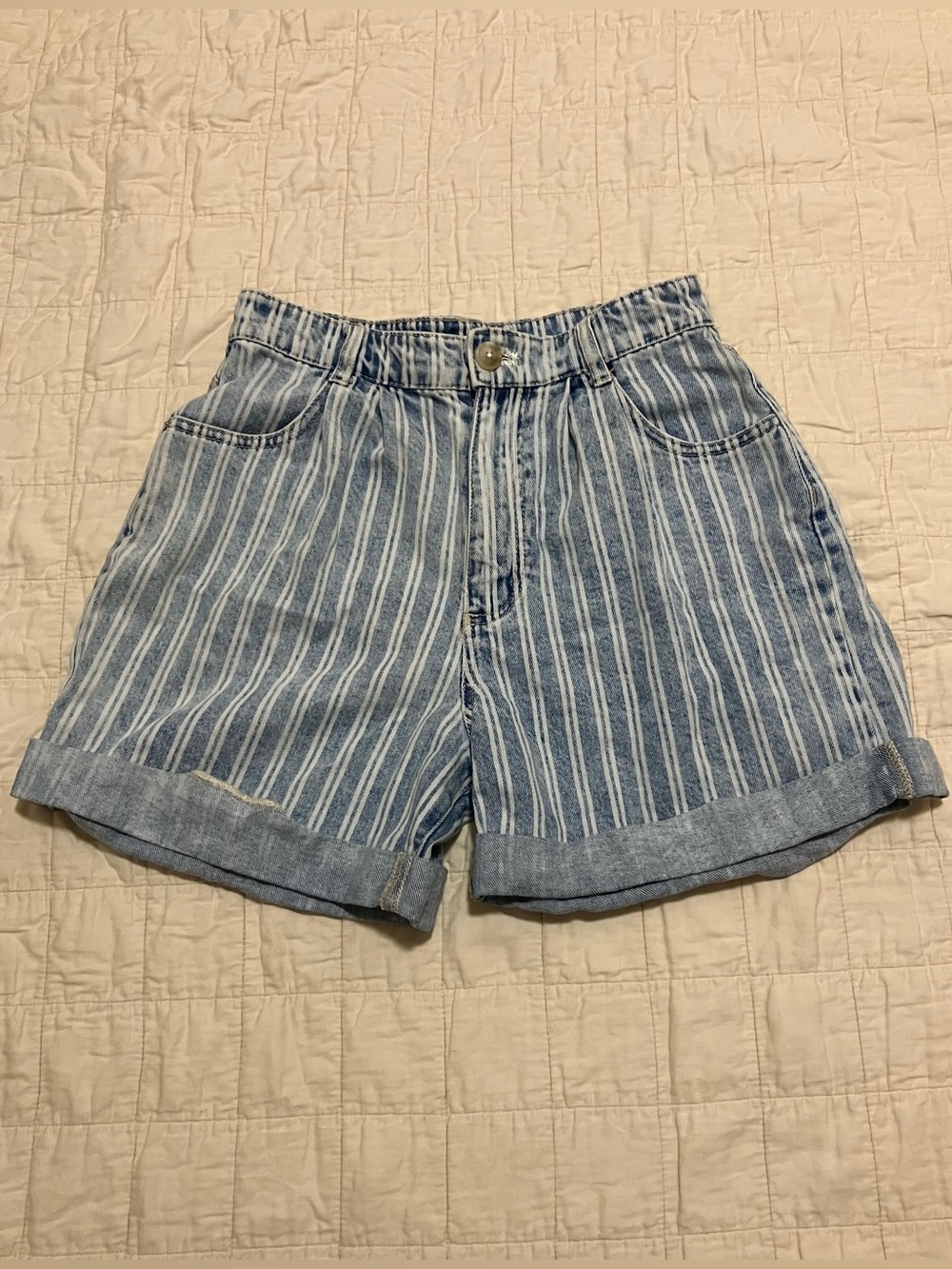 Forever 21 Retro 80s Light Blue Pinstripe High Waisted Cuffed Denim Shorts